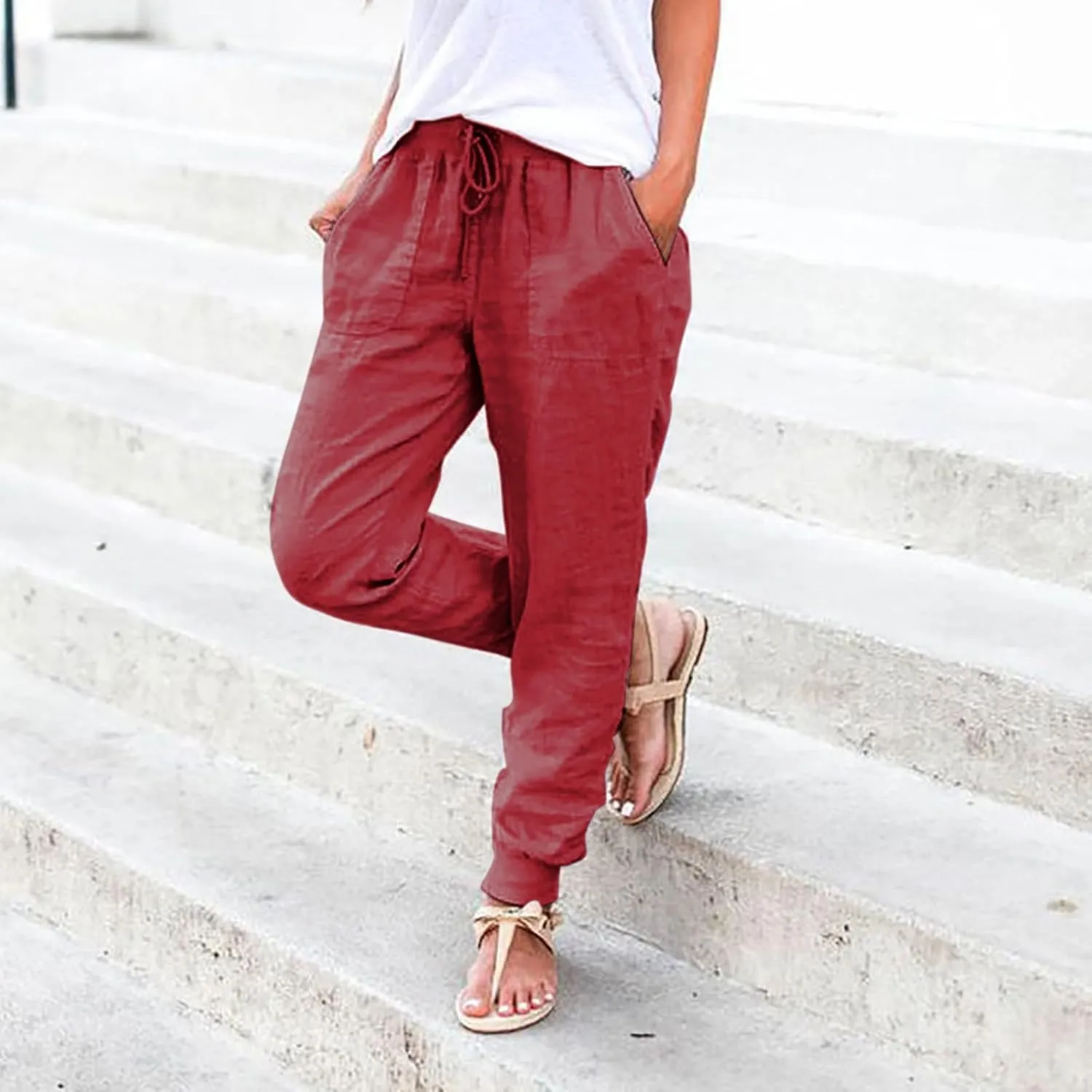 Women's Cotton Linen Pants Summer Lightweight Drawstring Lounge Pants Cinch Bottom Baggy Casual Trousers with Pockets