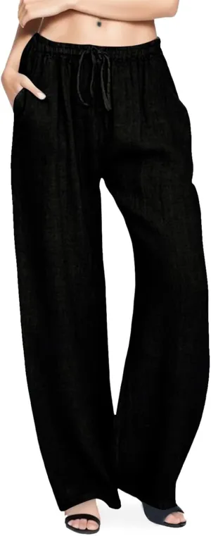 Womens Cotton Linen Pants Wide Leg Summer Casual Loose Drawstring High Waist Trousers Lightweight Palazzo Pants Pockets