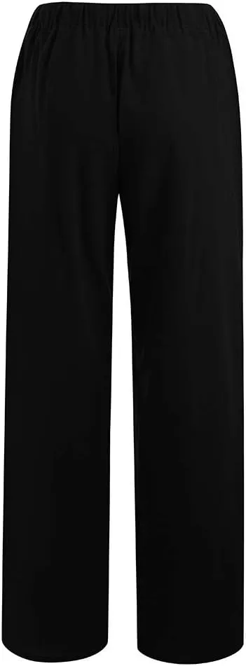 Womens Cotton Linen Pants Wide Leg Summer Casual Loose Drawstring High Waist Trousers Lightweight Palazzo Pants Pockets
