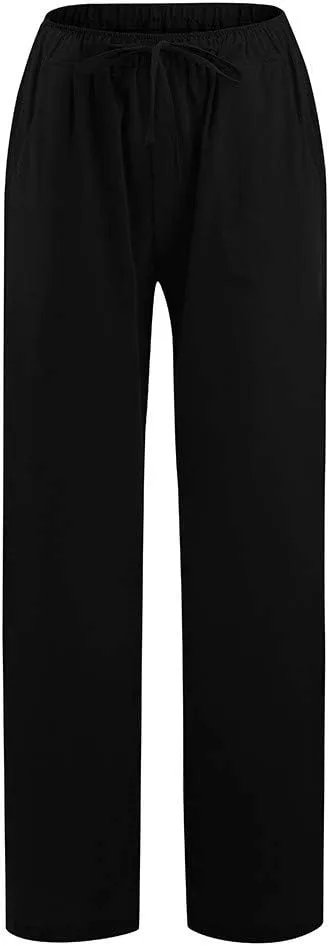 Womens Cotton Linen Pants Wide Leg Summer Casual Loose Drawstring High Waist Trousers Lightweight Palazzo Pants Pockets