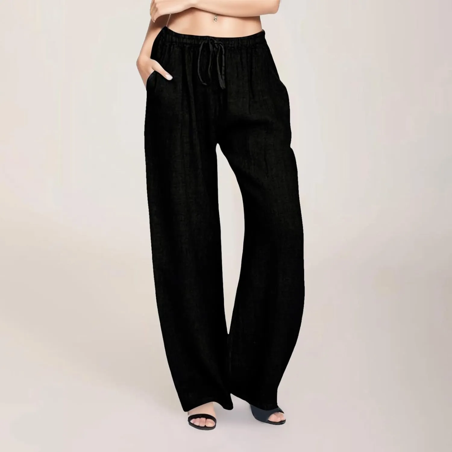 Womens Cotton Linen Pants Wide Leg Summer Casual Loose Drawstring High Waist Trousers Lightweight Palazzo Pants Pockets