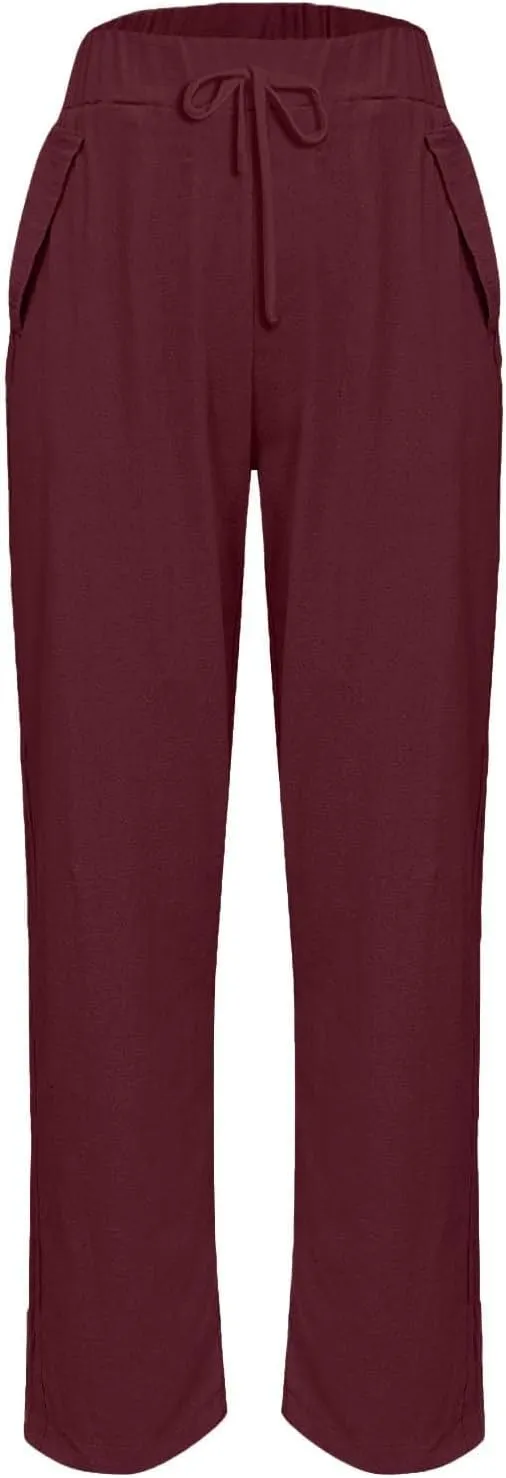 Women's Cotton Linen Tapered Pants Summer Comfy Drawstring Elastic Waist Pants Casual Cropped Trousers with Pockets
