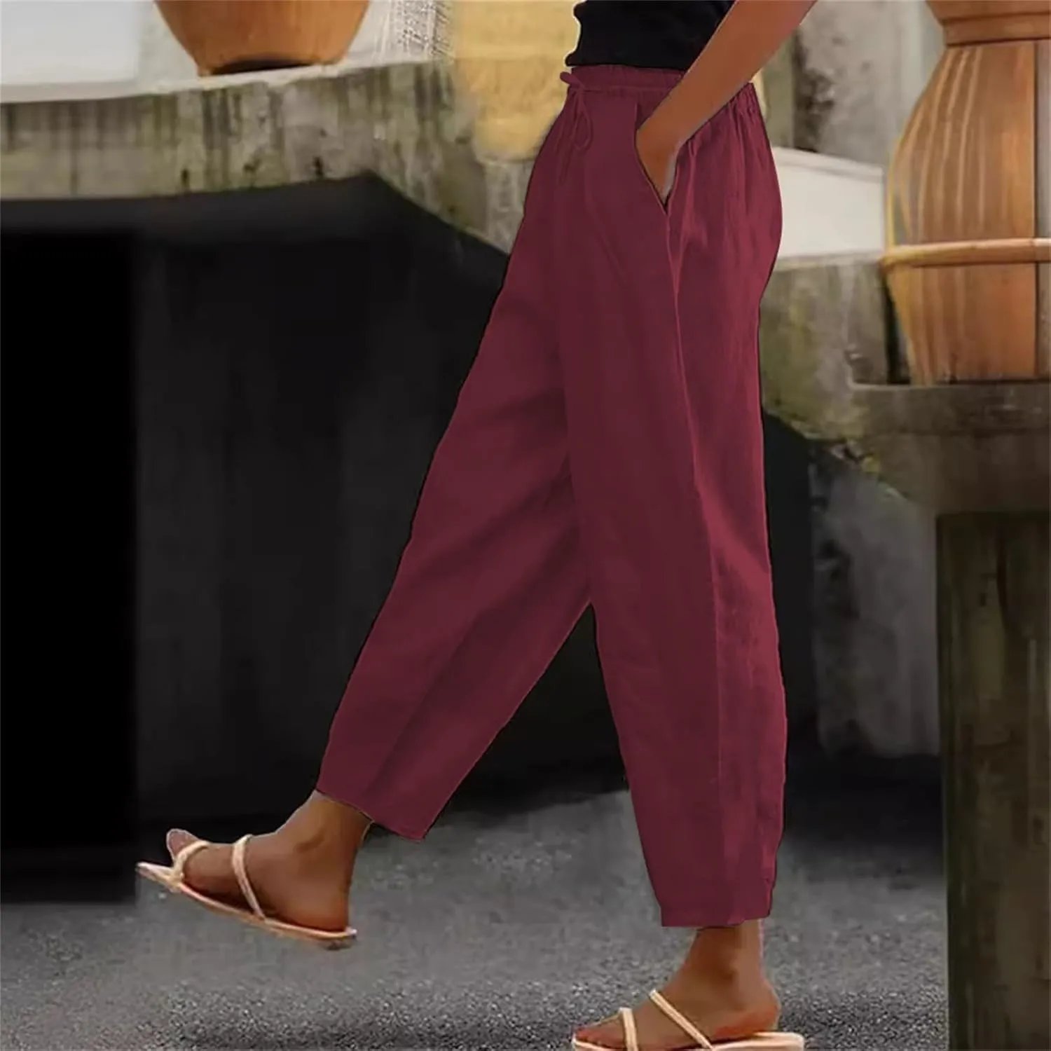 Women's Cotton Linen Tapered Pants Summer Comfy Drawstring Elastic Waist Pants Casual Cropped Trousers with Pockets
