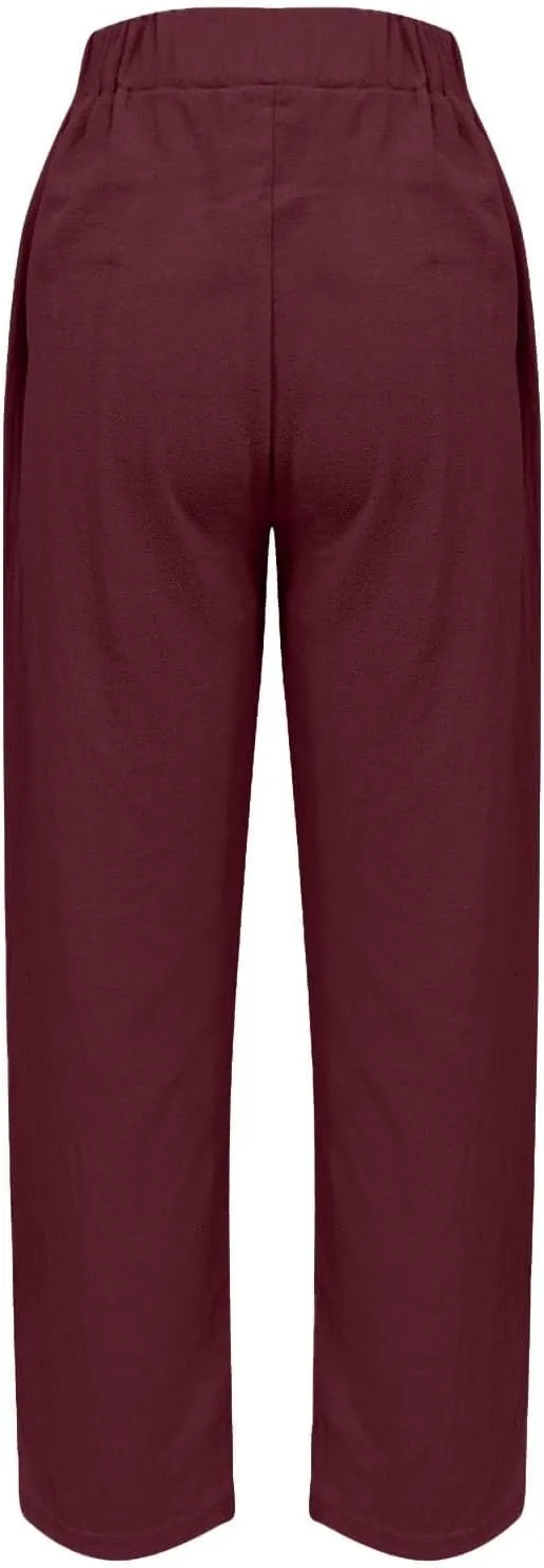Women's Cotton Linen Tapered Pants Summer Comfy Drawstring Elastic Waist Pants Casual Cropped Trousers with Pockets
