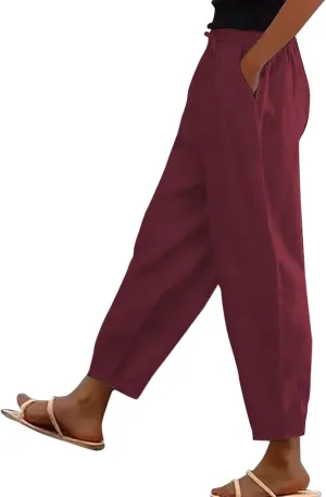 Women's Cotton Linen Tapered Pants Summer Comfy Drawstring Elastic Waist Pants Casual Cropped Trousers with Pockets
