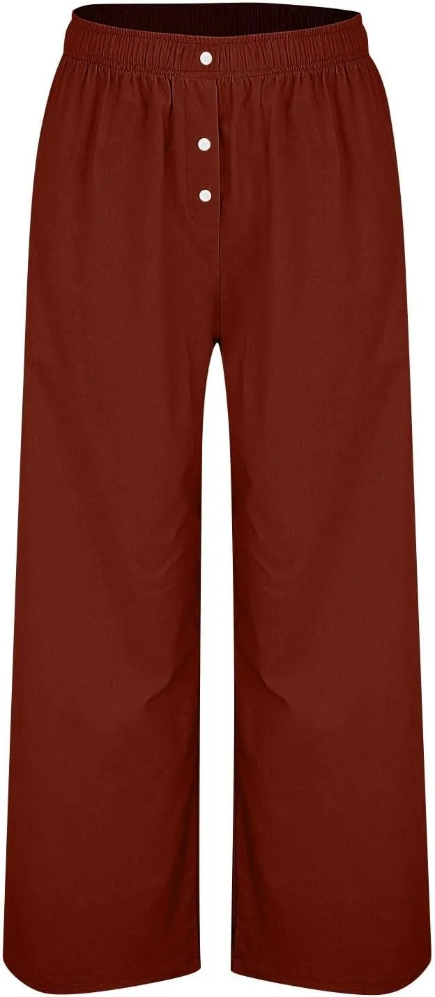 Womens Cotton Linen Wide Leg Pants Summer Lightweight High Waist Palazzo Pant Beach Flowy Button Trouser with Pocket