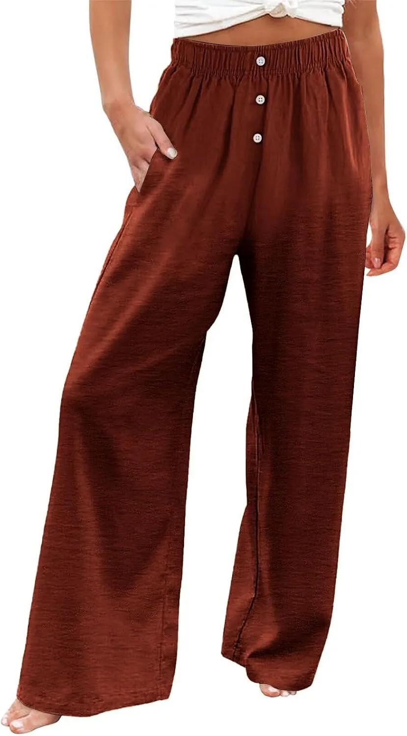 Womens Cotton Linen Wide Leg Pants Summer Lightweight High Waist Palazzo Pant Beach Flowy Button Trouser with Pocket