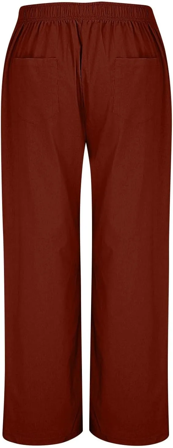 Womens Cotton Linen Wide Leg Pants Summer Lightweight High Waist Palazzo Pant Beach Flowy Button Trouser with Pocket