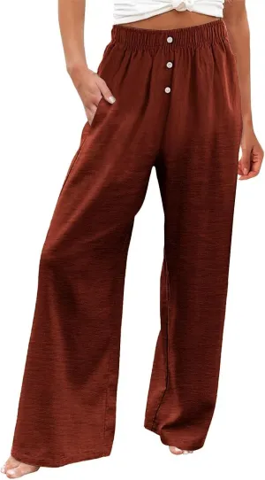 Womens Cotton Linen Wide Leg Pants Summer Lightweight High Waist Palazzo Pant Beach Flowy Button Trouser with Pocket