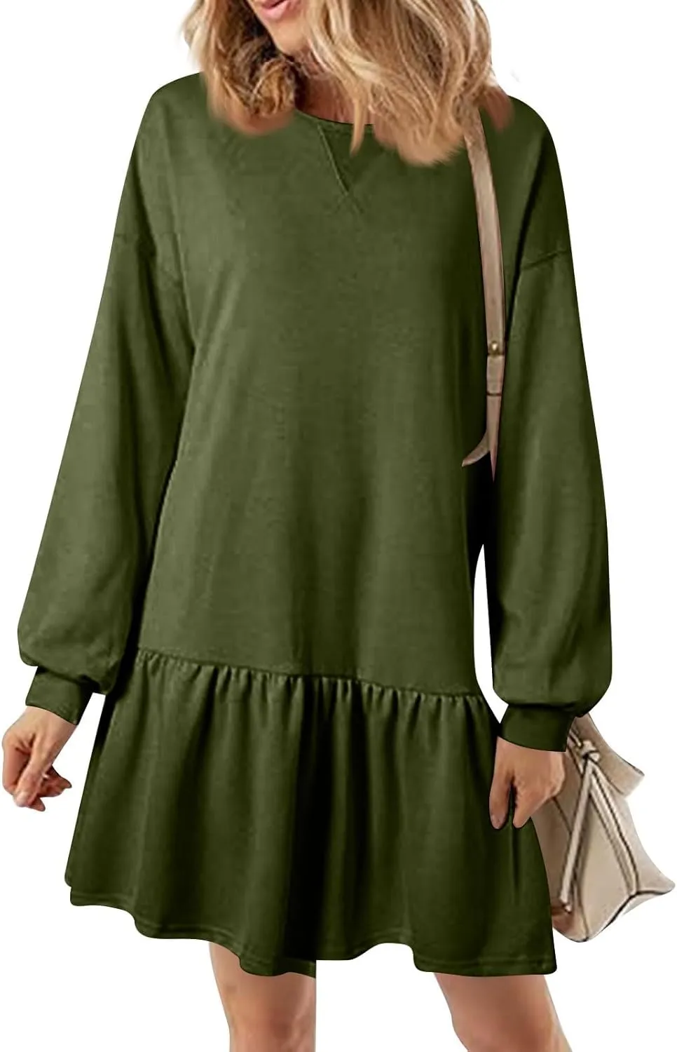 Womens Crewneck Long Sleeve Fall Dresses 2024 Trendy Mini Ruffle Skirts Casual Loose Patchwork Sweatshirt Pullover Tops