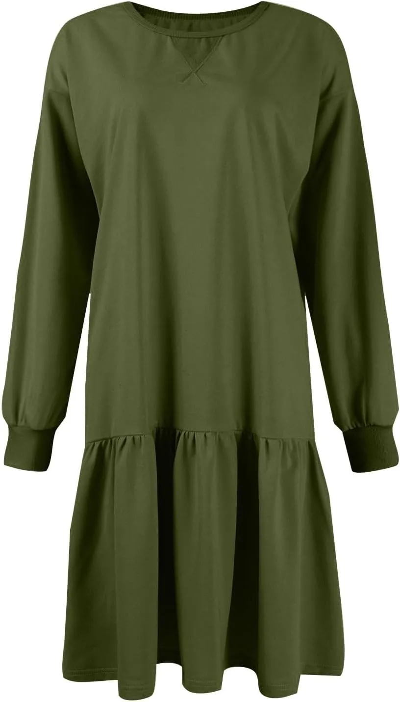 Womens Crewneck Long Sleeve Fall Dresses 2024 Trendy Mini Ruffle Skirts Casual Loose Patchwork Sweatshirt Pullover Tops