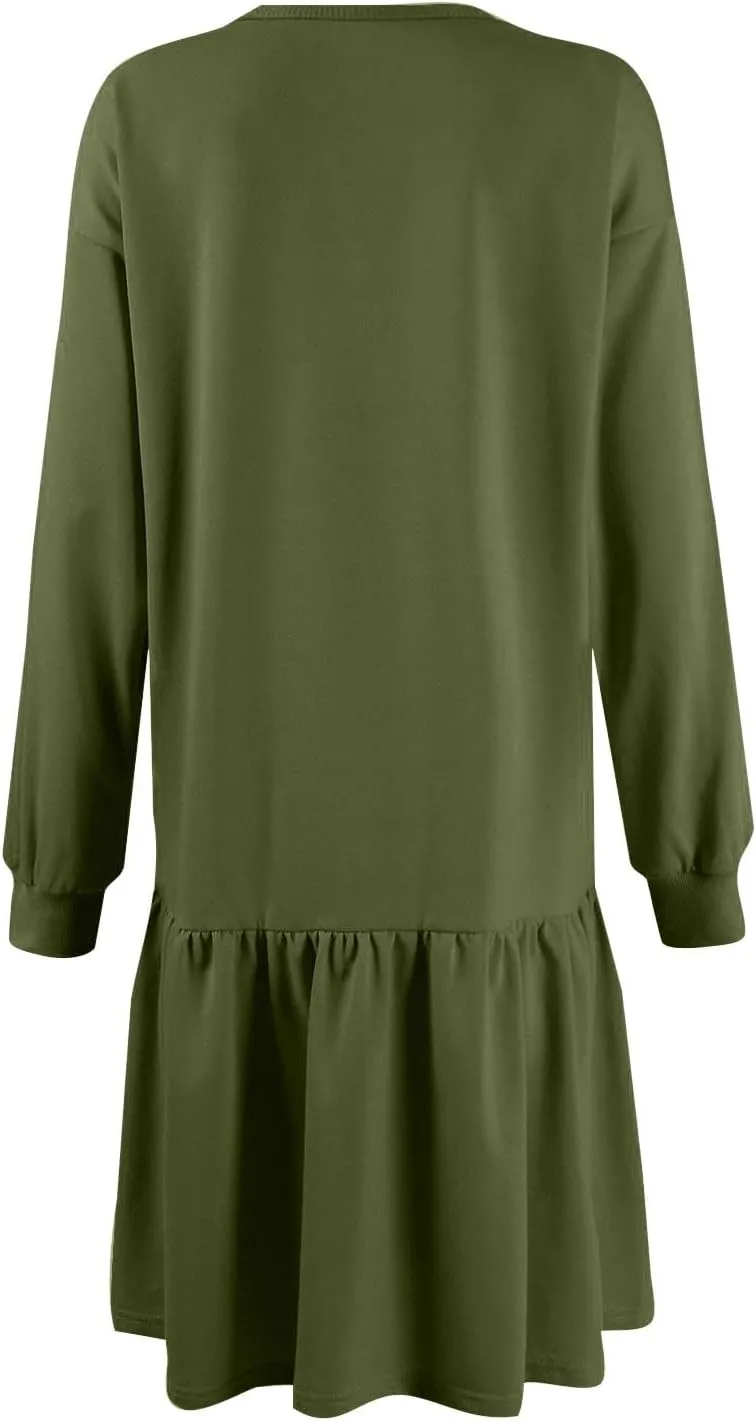 Womens Crewneck Long Sleeve Fall Dresses 2024 Trendy Mini Ruffle Skirts Casual Loose Patchwork Sweatshirt Pullover Tops
