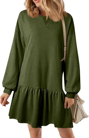 Womens Crewneck Long Sleeve Fall Dresses 2024 Trendy Mini Ruffle Skirts Casual Loose Patchwork Sweatshirt Pullover Tops