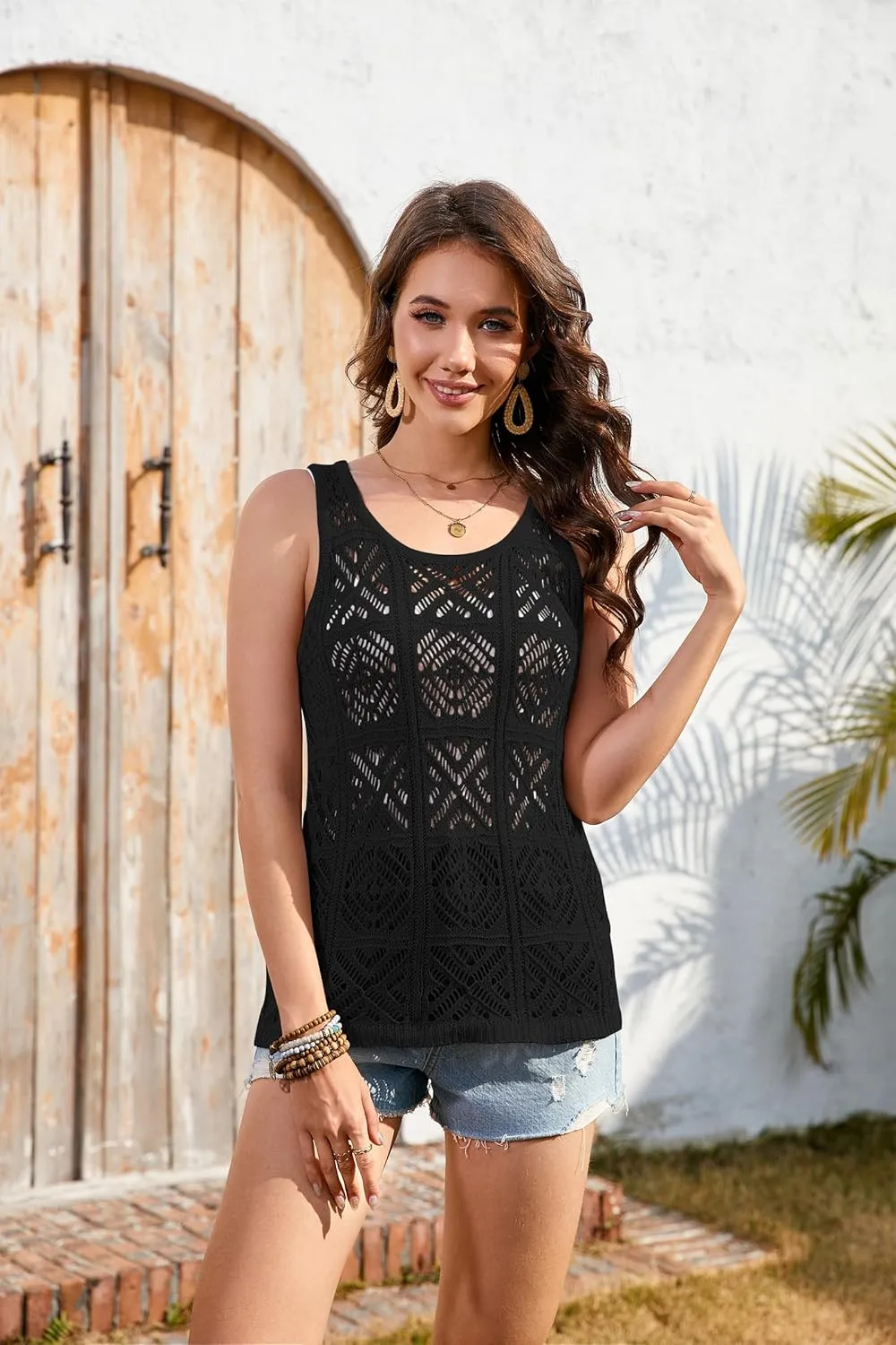 Women's Crochet Tank Tops Summer Knit Sweater Vest Hollow Out Sleeveless Boho Top