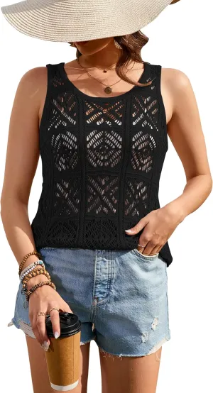 Women's Crochet Tank Tops Summer Knit Sweater Vest Hollow Out Sleeveless Boho Top