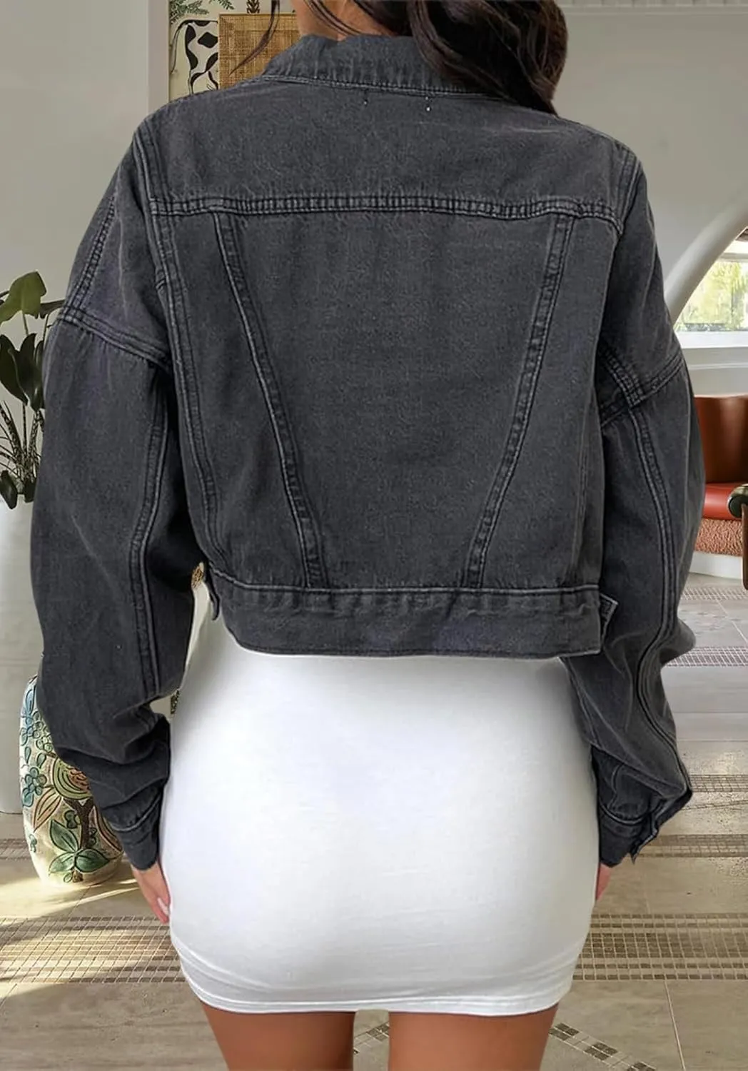 Women's Cropped Denim Jean Jacket Button Down Frayed Washed Long Sleeve Casual Jacket Coats