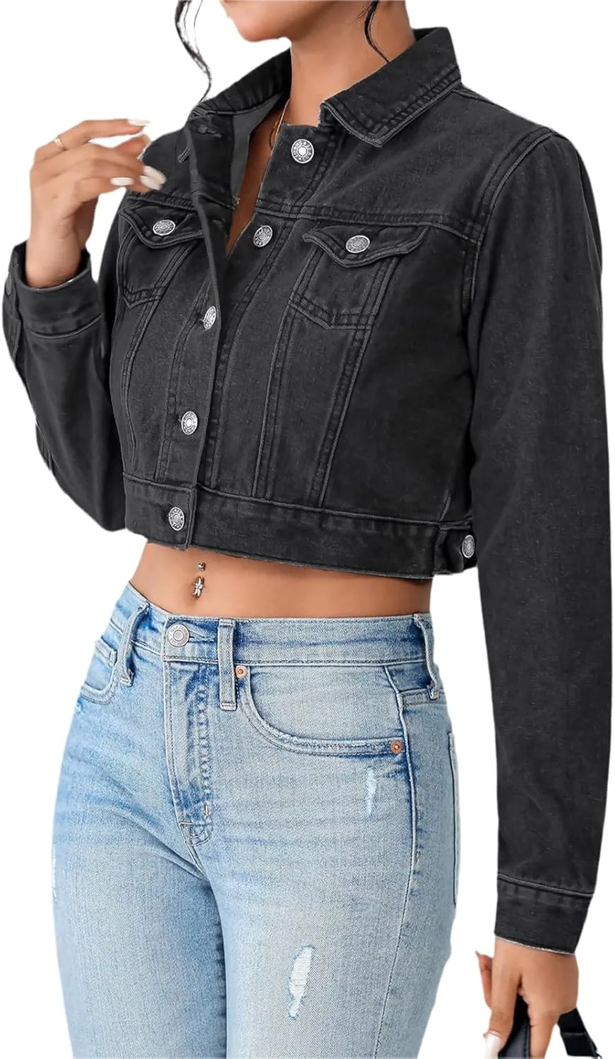 Women's Cropped Denim Jean Jacket Button Down Frayed Washed Long Sleeve Casual Jacket Coats