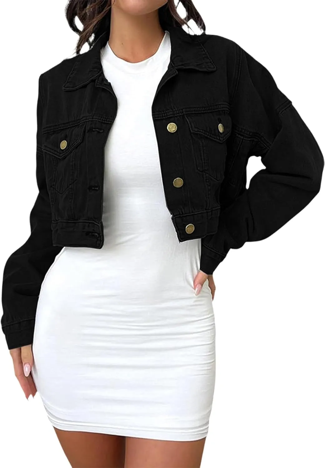 Women's Cropped Denim Jean Jacket Button Down Frayed Washed Long Sleeve Casual Jacket Coats
