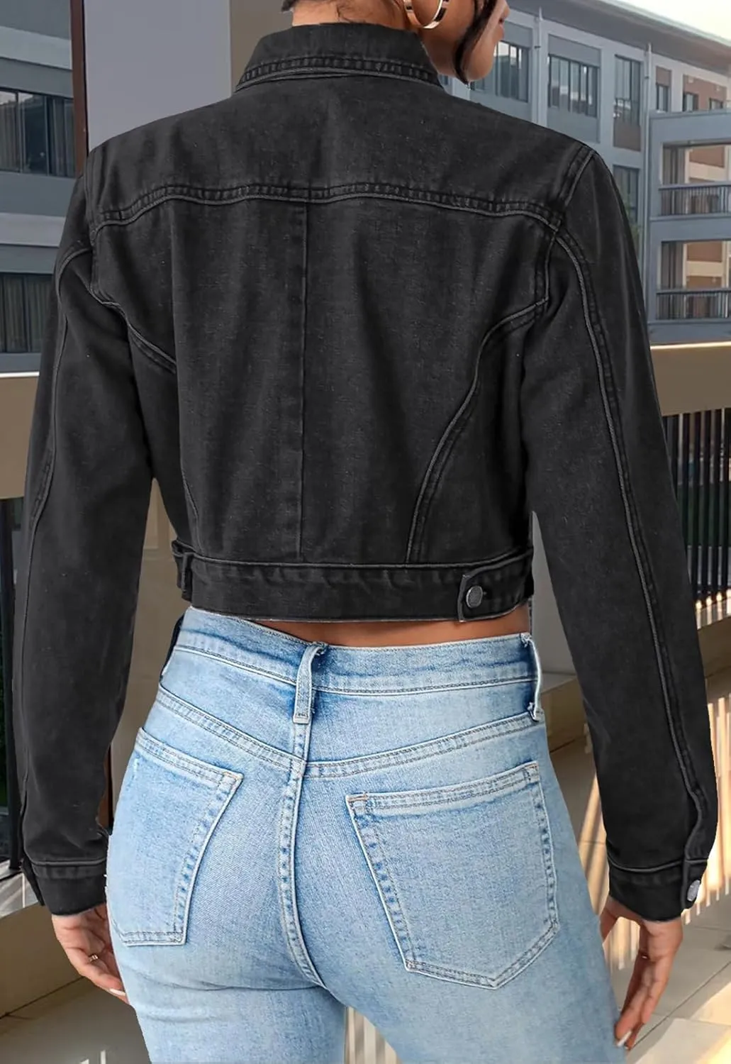 Women's Cropped Denim Jean Jacket Button Down Frayed Washed Long Sleeve Casual Jacket Coats