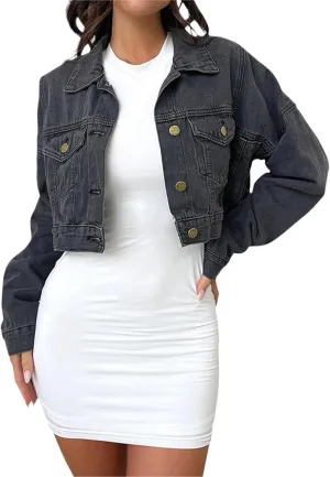 Women's Cropped Denim Jean Jacket Button Down Frayed Washed Long Sleeve Casual Jacket Coats