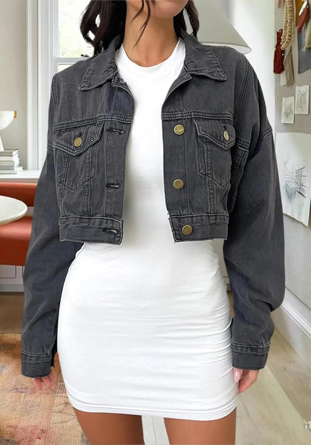 Women's Cropped Denim Jean Jacket Button Down Frayed Washed Long Sleeve Casual Jacket Coats