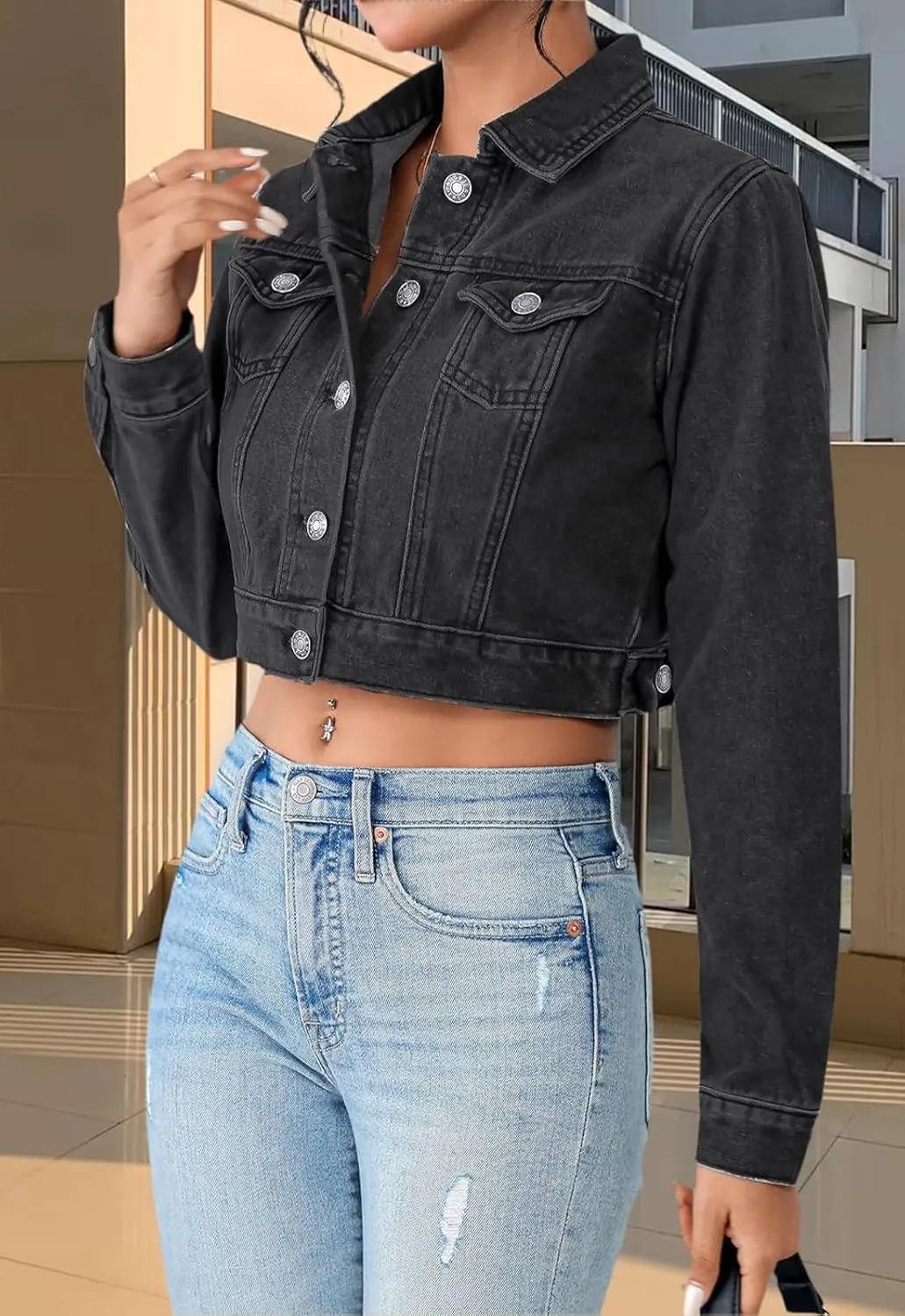 Women's Cropped Denim Jean Jacket Button Down Frayed Washed Long Sleeve Casual Jacket Coats