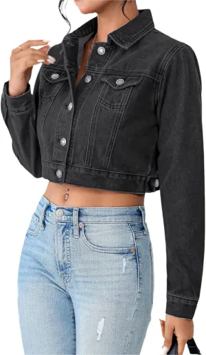 Women's Cropped Denim Jean Jacket Button Down Frayed Washed Long Sleeve Casual Jacket Coats