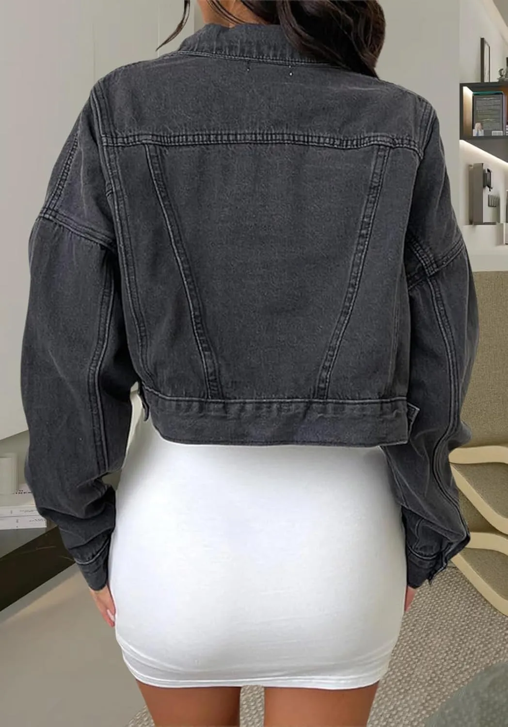 Women's Cropped Denim Jean Jacket Button Down Frayed Washed Long Sleeve Casual Jacket Coats