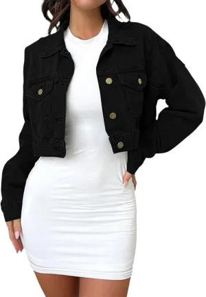 Women's Cropped Denim Jean Jacket Button Down Frayed Washed Long Sleeve Casual Jacket Coats