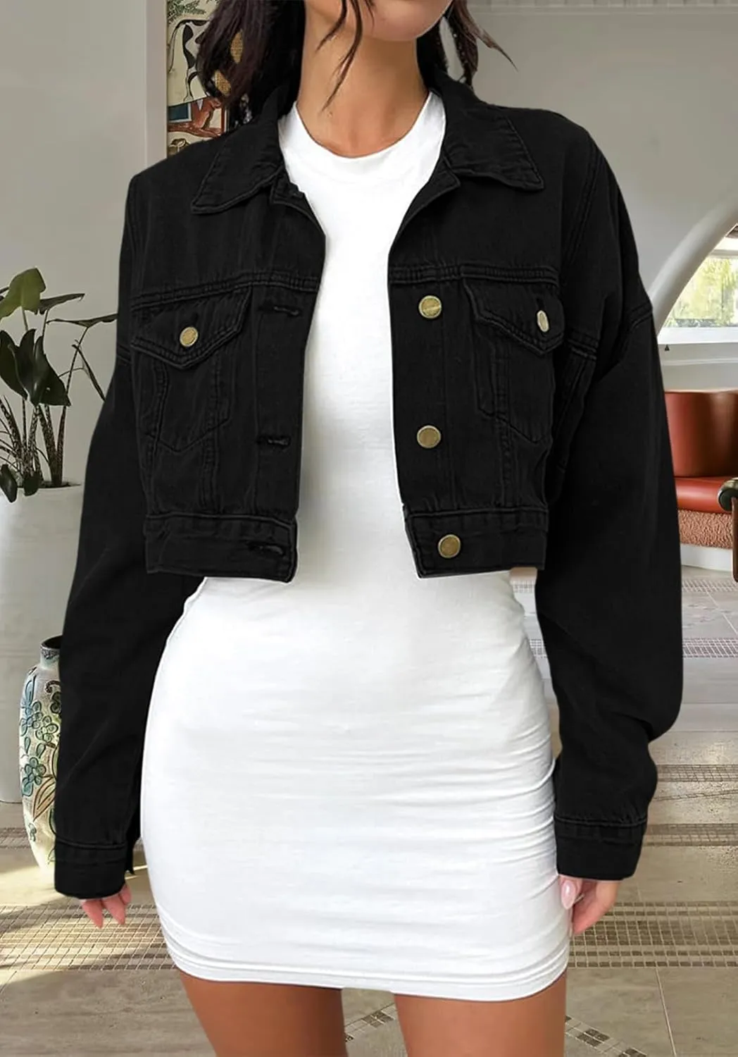Women's Cropped Denim Jean Jacket Button Down Frayed Washed Long Sleeve Casual Jacket Coats