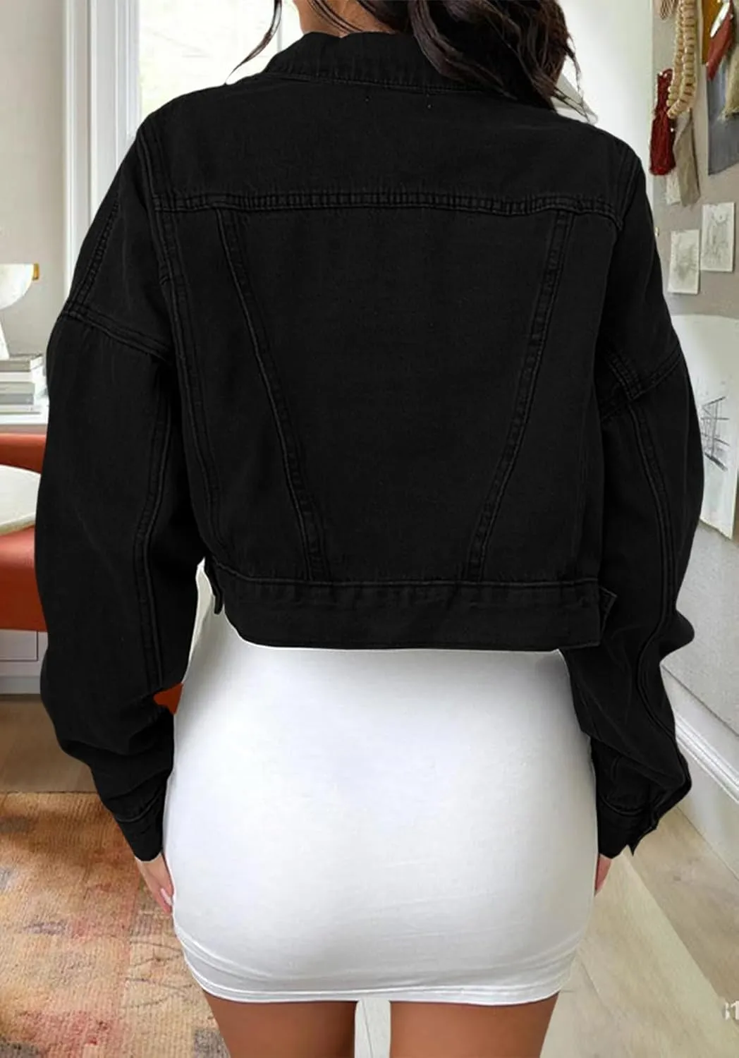 Women's Cropped Denim Jean Jacket Button Down Frayed Washed Long Sleeve Casual Jacket Coats