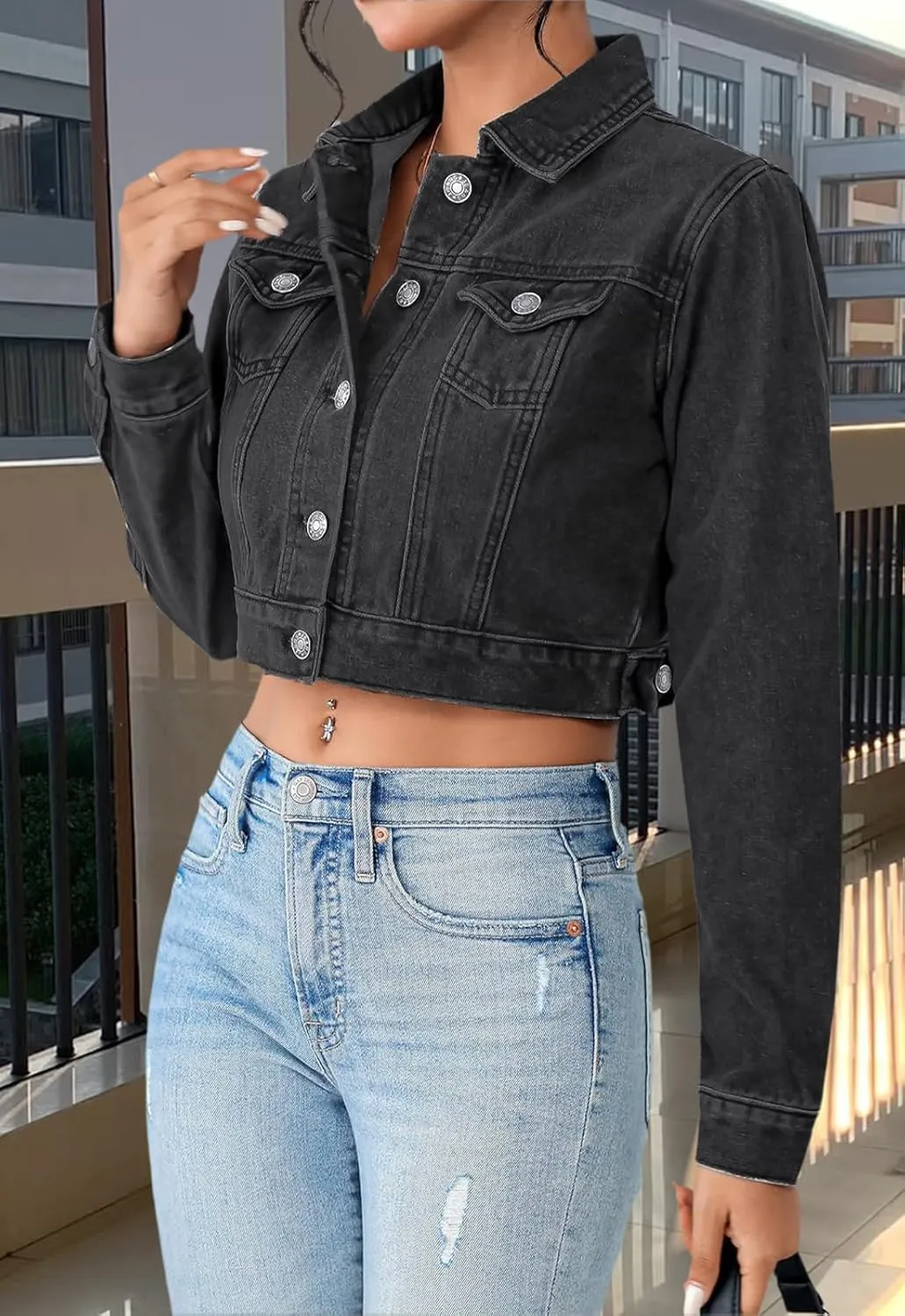Women's Cropped Denim Jean Jacket Button Down Frayed Washed Long Sleeve Casual Jacket Coats