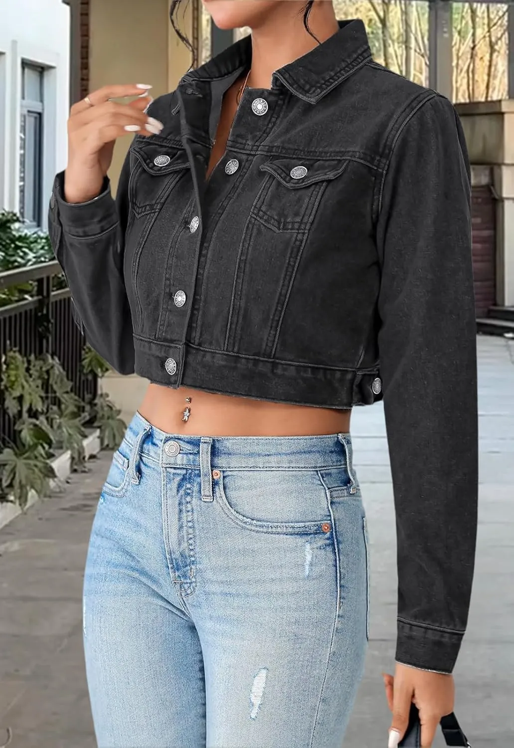 Women's Cropped Denim Jean Jacket Button Down Frayed Washed Long Sleeve Casual Jacket Coats