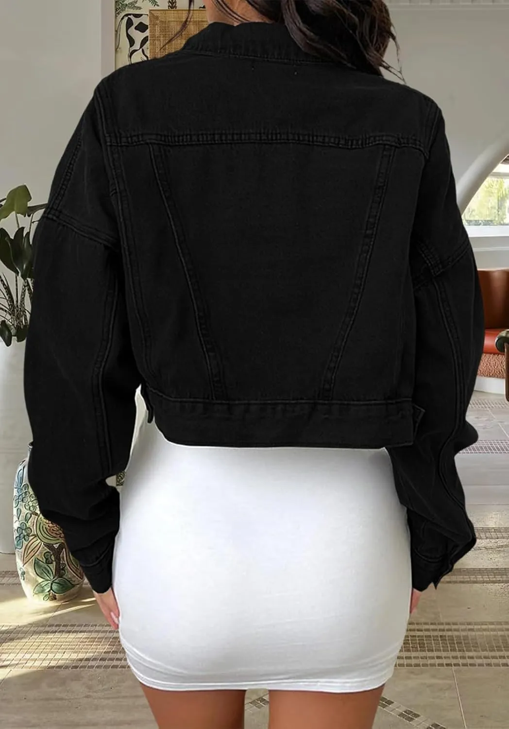 Women's Cropped Denim Jean Jacket Button Down Frayed Washed Long Sleeve Casual Jacket Coats