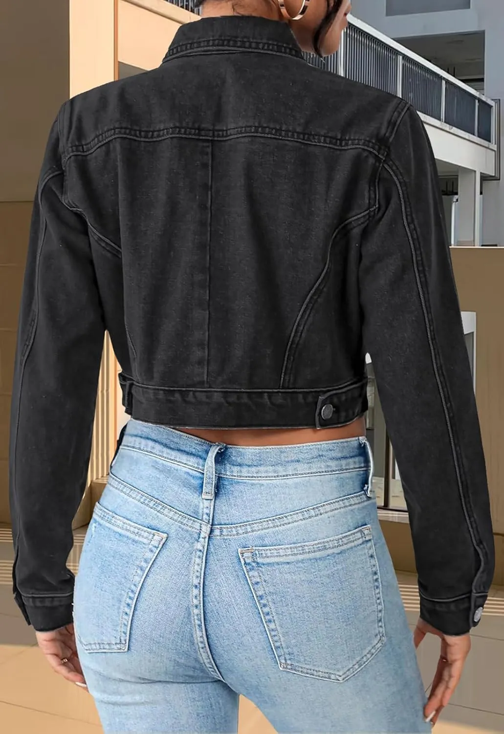 Women's Cropped Denim Jean Jacket Button Down Frayed Washed Long Sleeve Casual Jacket Coats