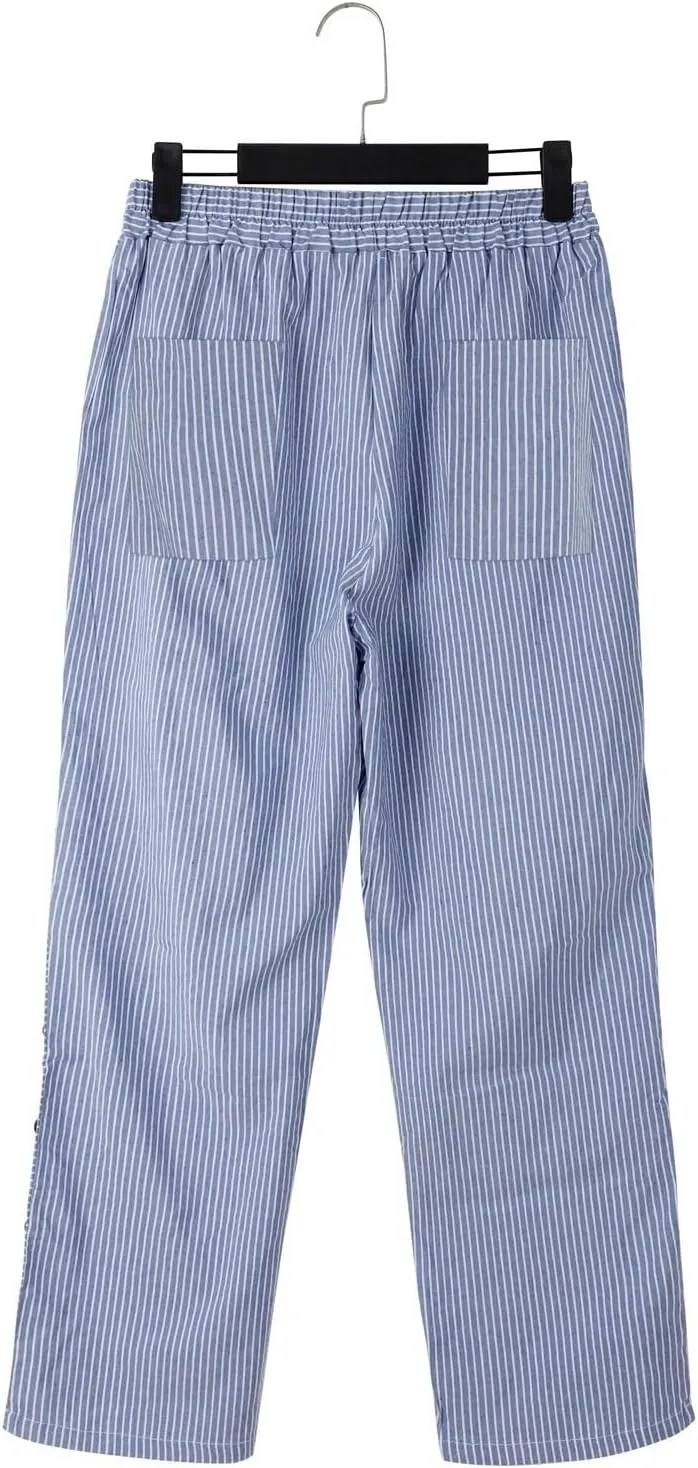 Women's Cropped Linen Pants Striped Side Button Elastic Waist Trendy Pants Straight Leg Baggy Trousers with Pockets