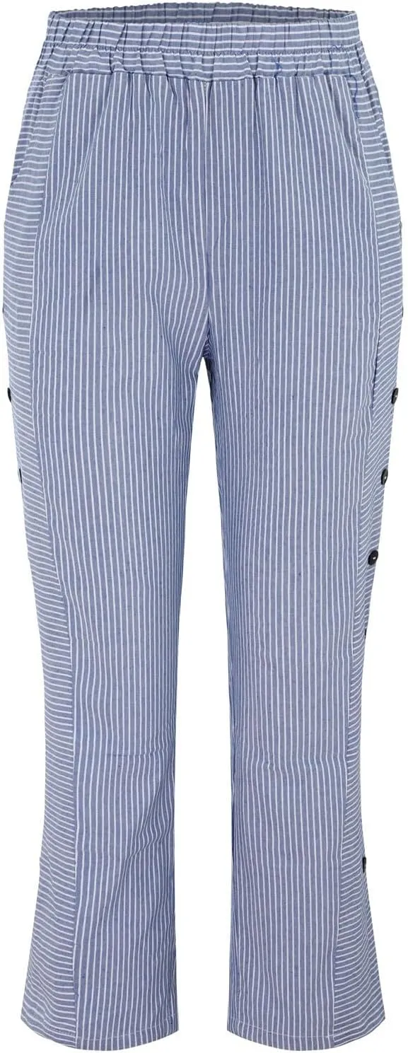 Women's Cropped Linen Pants Striped Side Button Elastic Waist Trendy Pants Straight Leg Baggy Trousers with Pockets