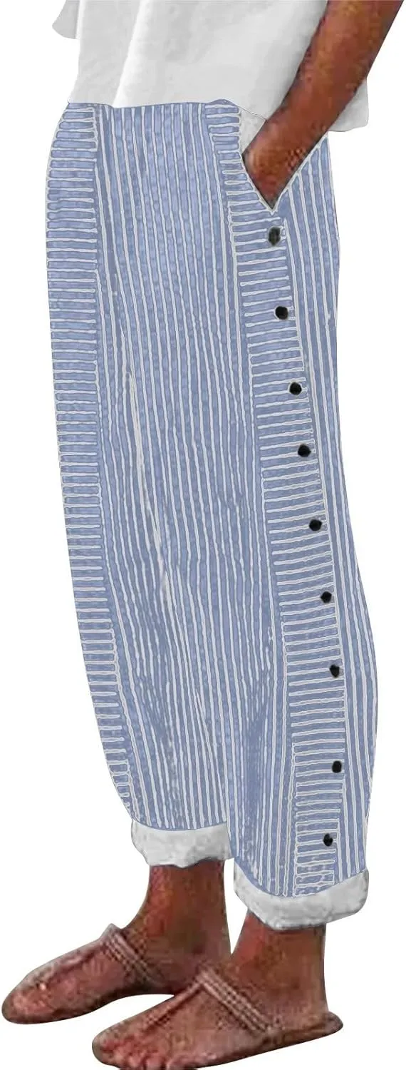 Women's Cropped Linen Pants Striped Side Button Elastic Waist Trendy Pants Straight Leg Baggy Trousers with Pockets