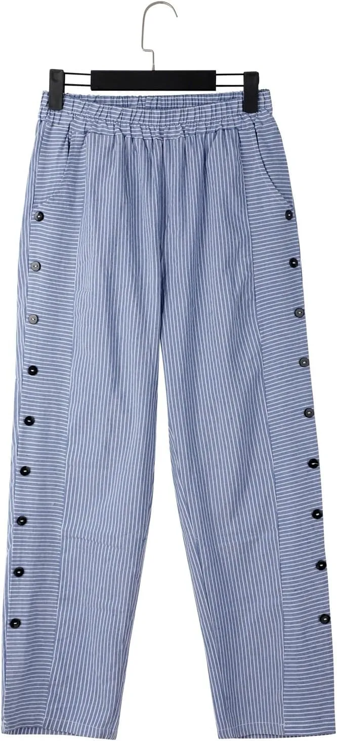 Women's Cropped Linen Pants Striped Side Button Elastic Waist Trendy Pants Straight Leg Baggy Trousers with Pockets