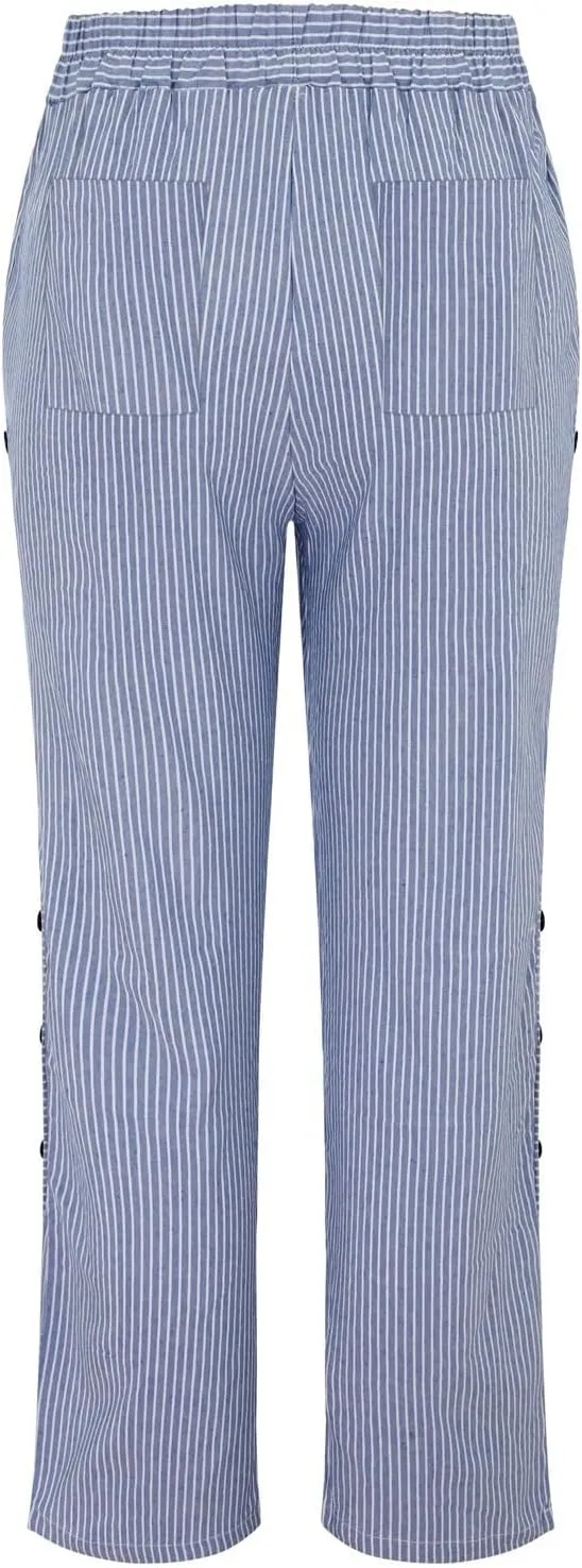 Women's Cropped Linen Pants Striped Side Button Elastic Waist Trendy Pants Straight Leg Baggy Trousers with Pockets