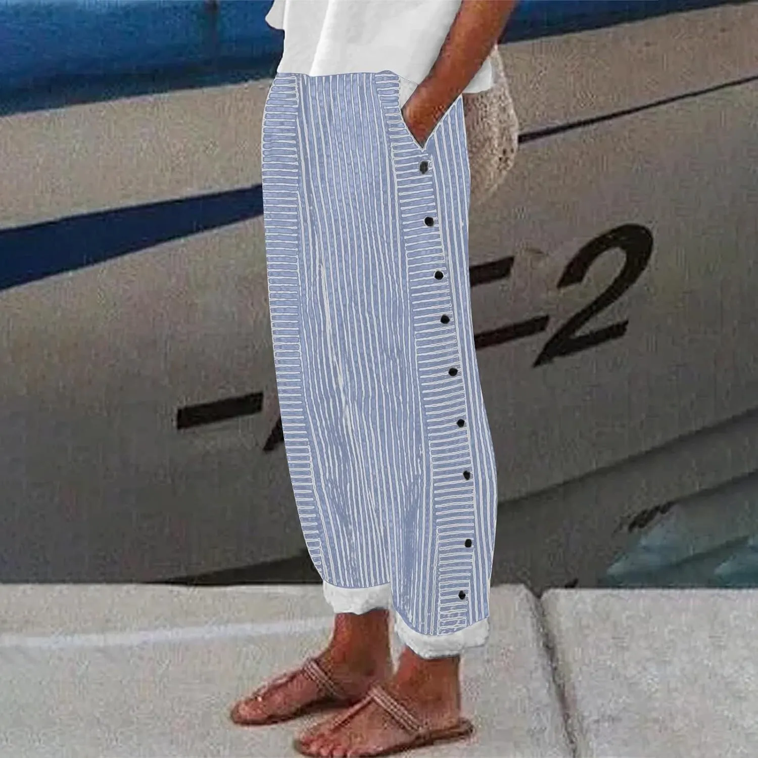 Women's Cropped Linen Pants Striped Side Button Elastic Waist Trendy Pants Straight Leg Baggy Trousers with Pockets