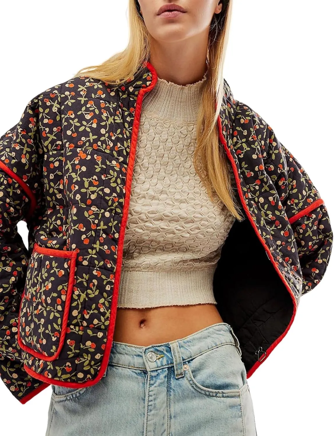 Women's Cropped Quilted Jacket Floral Print Puffer Jackets Lightweight Long Sleeve Warm Puffy Cardigan Coat 2024 Trendy