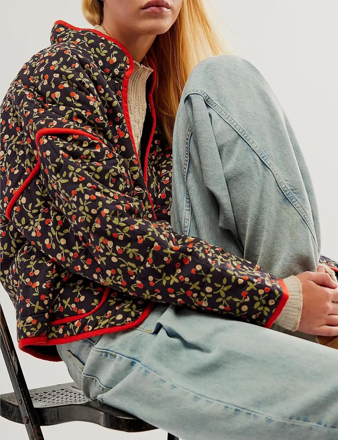 Women's Cropped Quilted Jacket Floral Print Puffer Jackets Lightweight Long Sleeve Warm Puffy Cardigan Coat 2024 Trendy