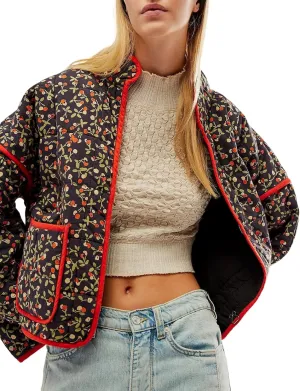 Women's Cropped Quilted Jacket Floral Print Puffer Jackets Lightweight Long Sleeve Warm Puffy Cardigan Coat 2024 Trendy