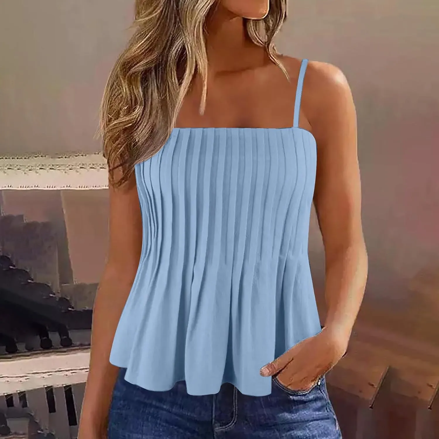 Women's Cute Camisole Adjustable Spaghetti Strap Peplum Tops Flowy Pleated Crop Tops Loose Fit Flare Babydoll Shirts