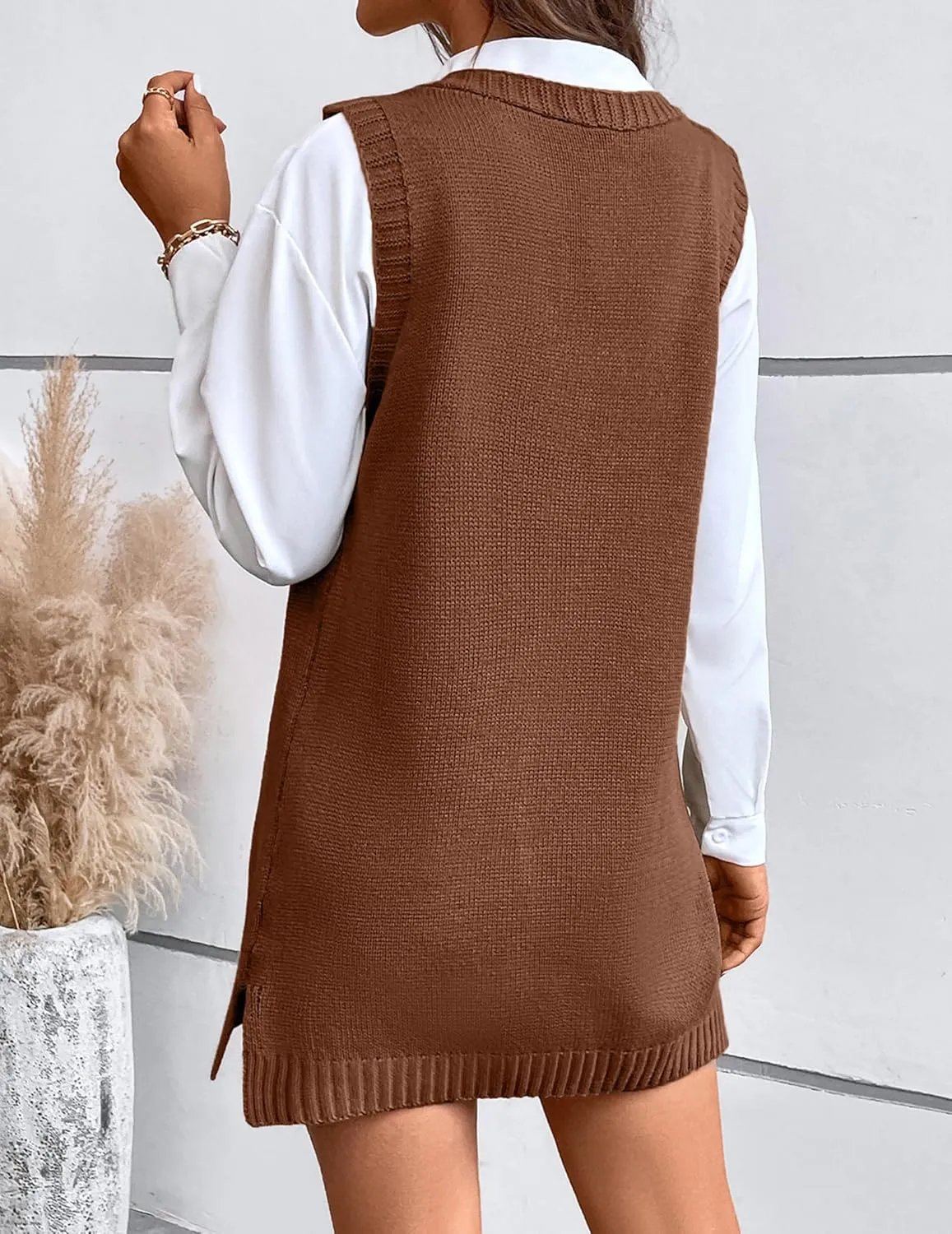 Womens Cute Lightweight V Neck Long Sweater Vest Dress Spring 2025 Trendy Ribbed Knit Side Slit Tunic Pullover Top