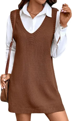 Womens Cute Lightweight V Neck Long Sweater Vest Dress Spring 2025 Trendy Ribbed Knit Side Slit Tunic Pullover Top