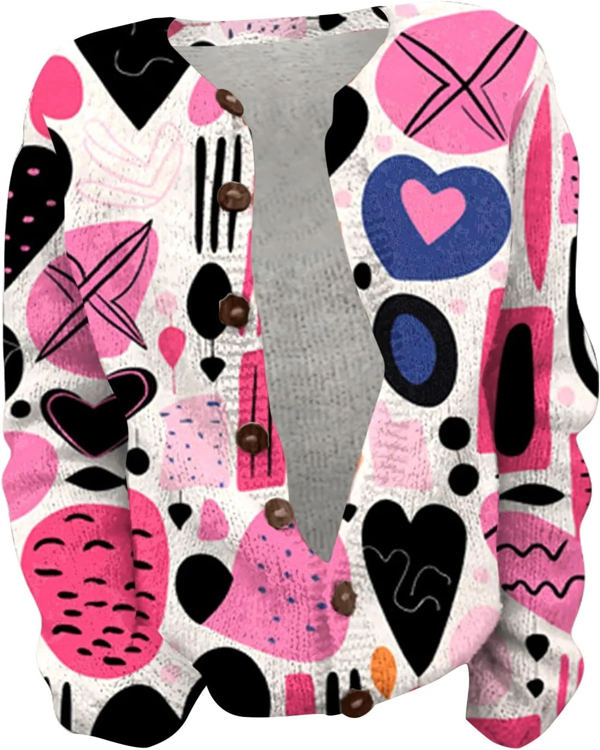 Women's Cute Pattern Printed Sweater Cardigan Long Sleeve Button Open Love Heart Knitted Sweater Outwear Coat