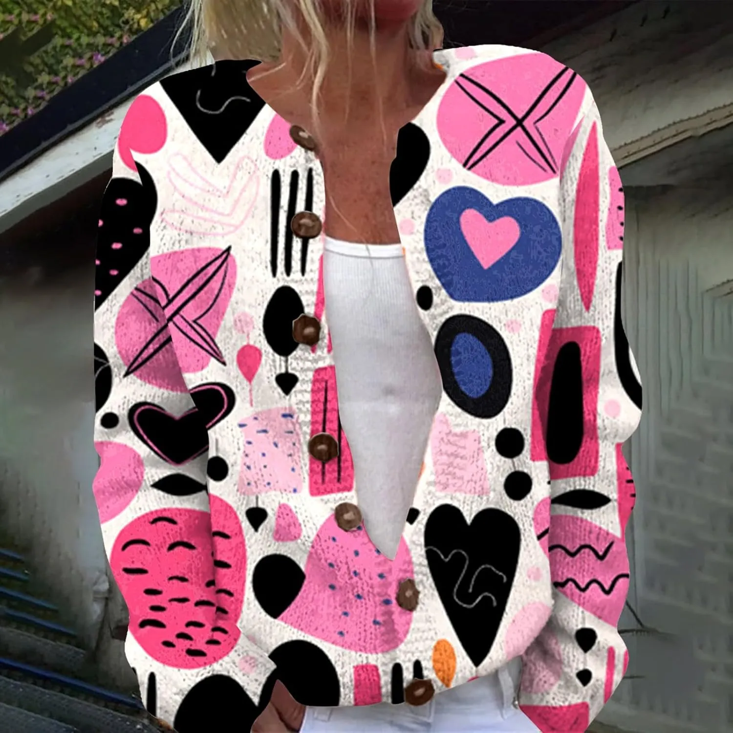 Women's Cute Pattern Printed Sweater Cardigan Long Sleeve Button Open Love Heart Knitted Sweater Outwear Coat