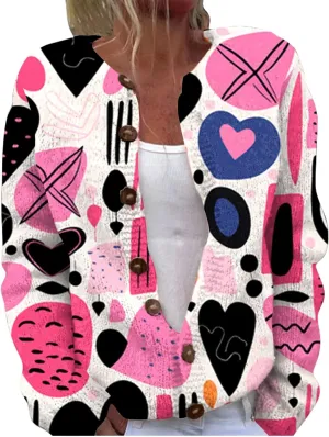 Women's Cute Pattern Printed Sweater Cardigan Long Sleeve Button Open Love Heart Knitted Sweater Outwear Coat